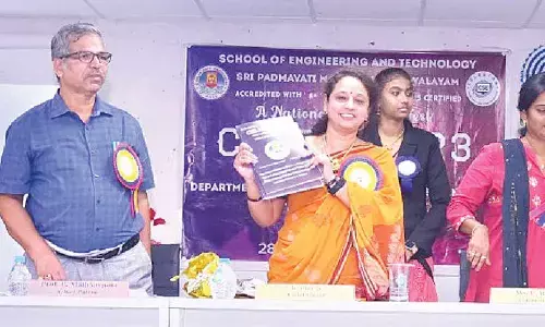Participants at the Celestra’23 S Jeevitha, P Revathi, Prof P Mallikarjuna, Prof V Saritha and others at the inaugural event at SPMVV in Tirupati on Tuesday