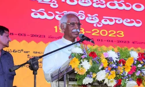 Himachal Pradesh Governor Bandaru Dattatreya addressing a meeting at Jillellamudi on Wednesday, marking Jillellamudi Amma birth centenary celebrations