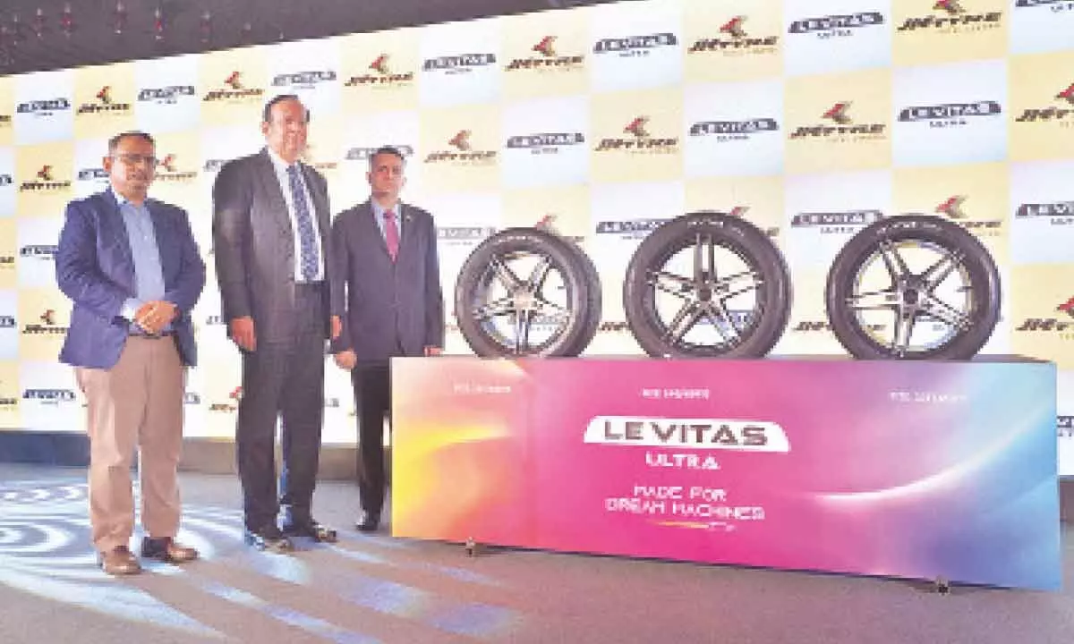 (L-R) Anuj Kathuria, president (India), Anshuman Singhania, Managing Director, JK Tyre and Industries Ltd unveiling the Levitas Ultra range of tyres in Hyderabad on Tuesday