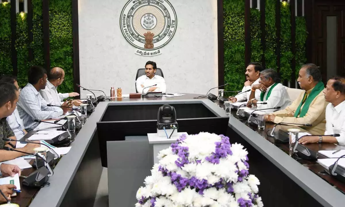 Chief Minister Y S Jagan Mohan Reddy holding a review on agriculture at his camp office in Tadepalli on Wednesday