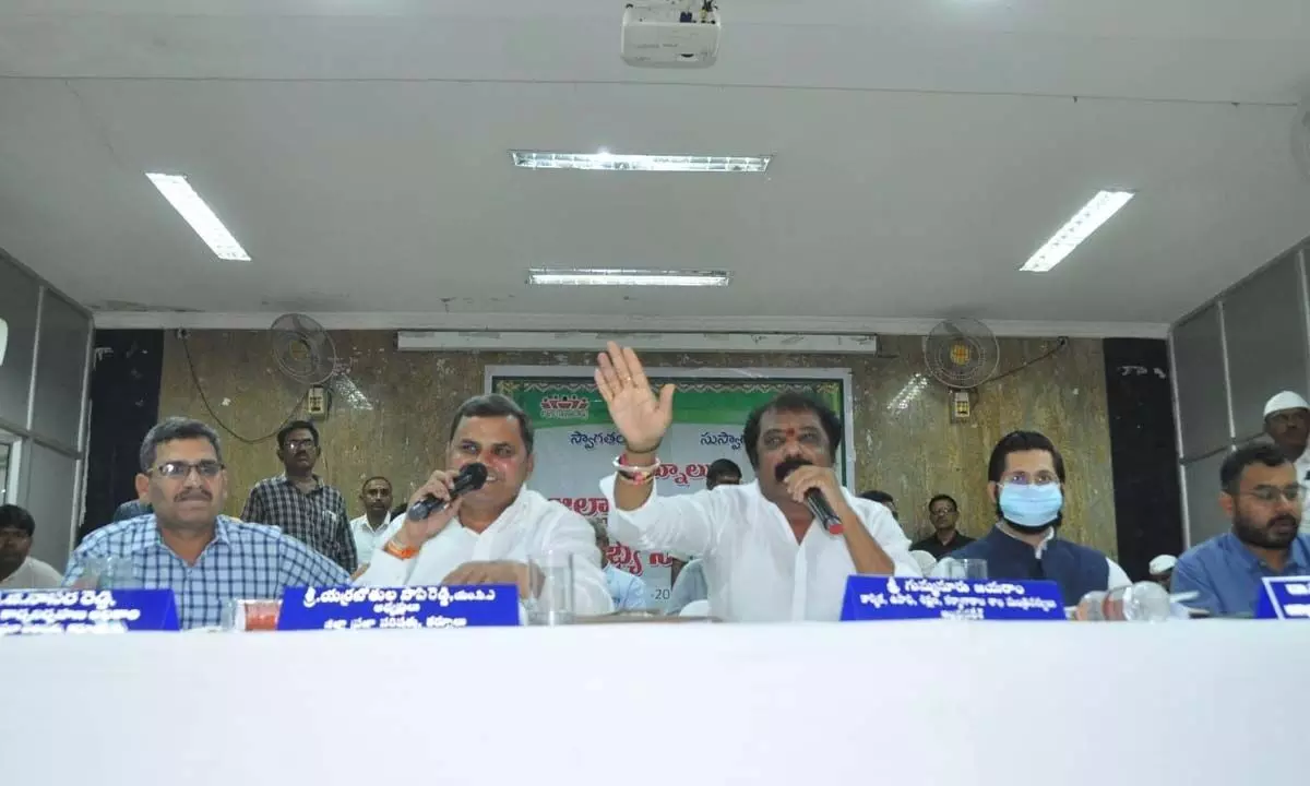 Minister for Labour Gummanur Jayaram addressing the general body meeting at Zilla Parishad meeting hall in Kurnool on Wednesday. ZP Chairman Yerrabothula Papi Reddy and Nandyal District Collector Dr Manazir Jilani Samoon are also seen.