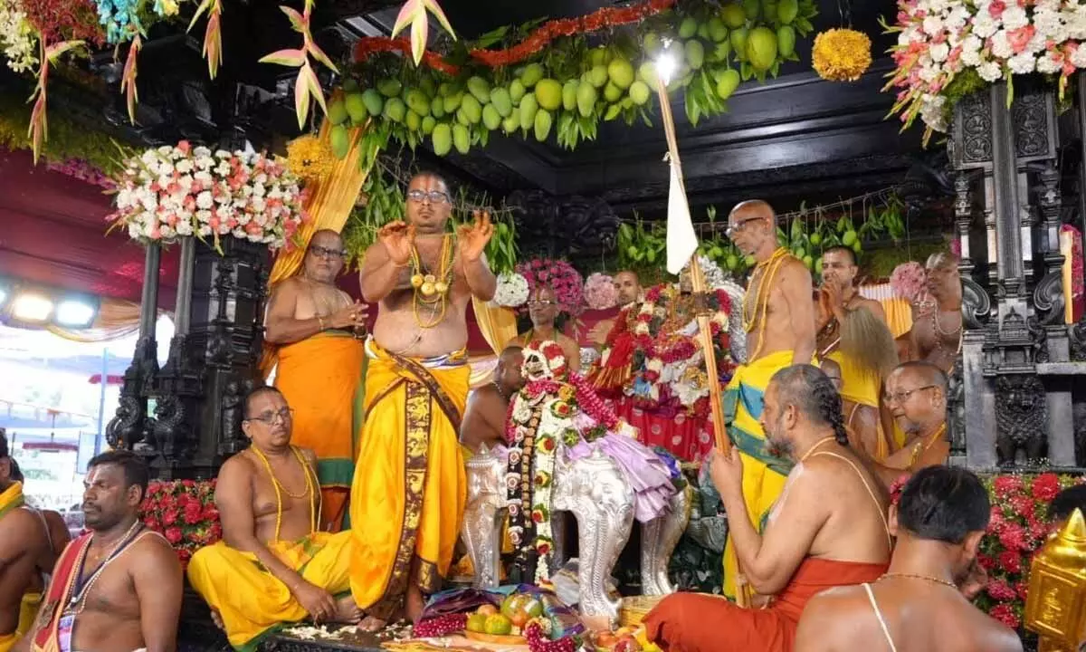 Celestial wedding of Lord Rama and Goddess Seetha performed at the historical Sri Seetha Ramachandra Swamy Devasthanam at Bhadrachalam in Kothagudem district on Thursday