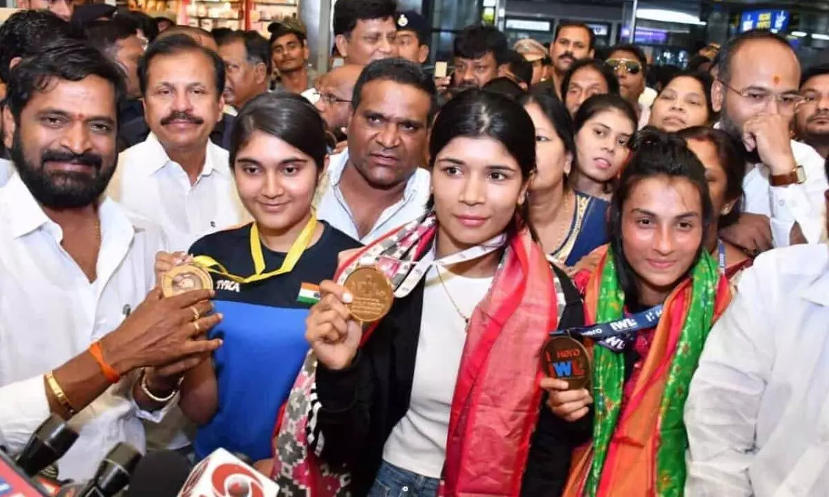 Champion Nikhat Zareen receives warm welcome at RGI Airport in Hyderabad