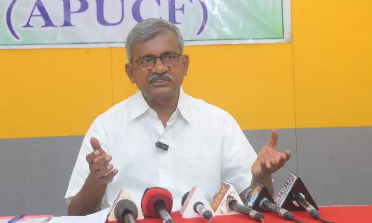 APUCF State convener Ch Babu Rao addressing the media in Vijayawada on Sunday