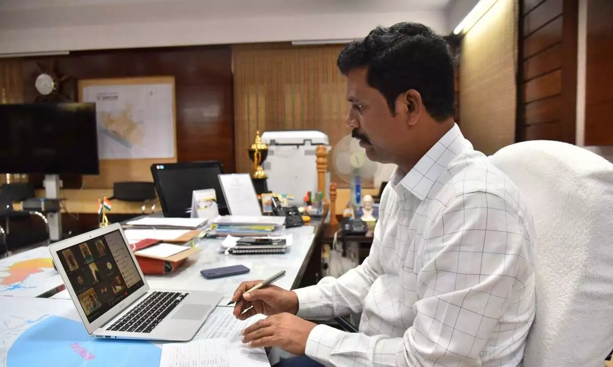 NTR district Collector S Dilli Rao during a teleconference from the Collectorate in Vijayawada on Sunday