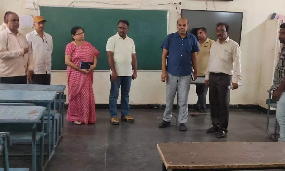 Commissioner of School Education S Suresh Kumar inspecting the facilities for SSC Public Exams at ZPHS Patamata Centre in Vijayawada on Sunday. Director of Government Examinations D Devanand Reddy is also seen.