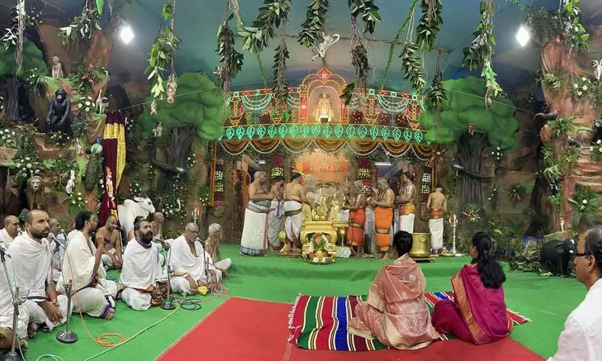 Priests performing celestial bath to  Lord Malayappa and His Consorts on the occasion of  Vasantotsavam, which will be held in Tirumala for three days, beginning Monday