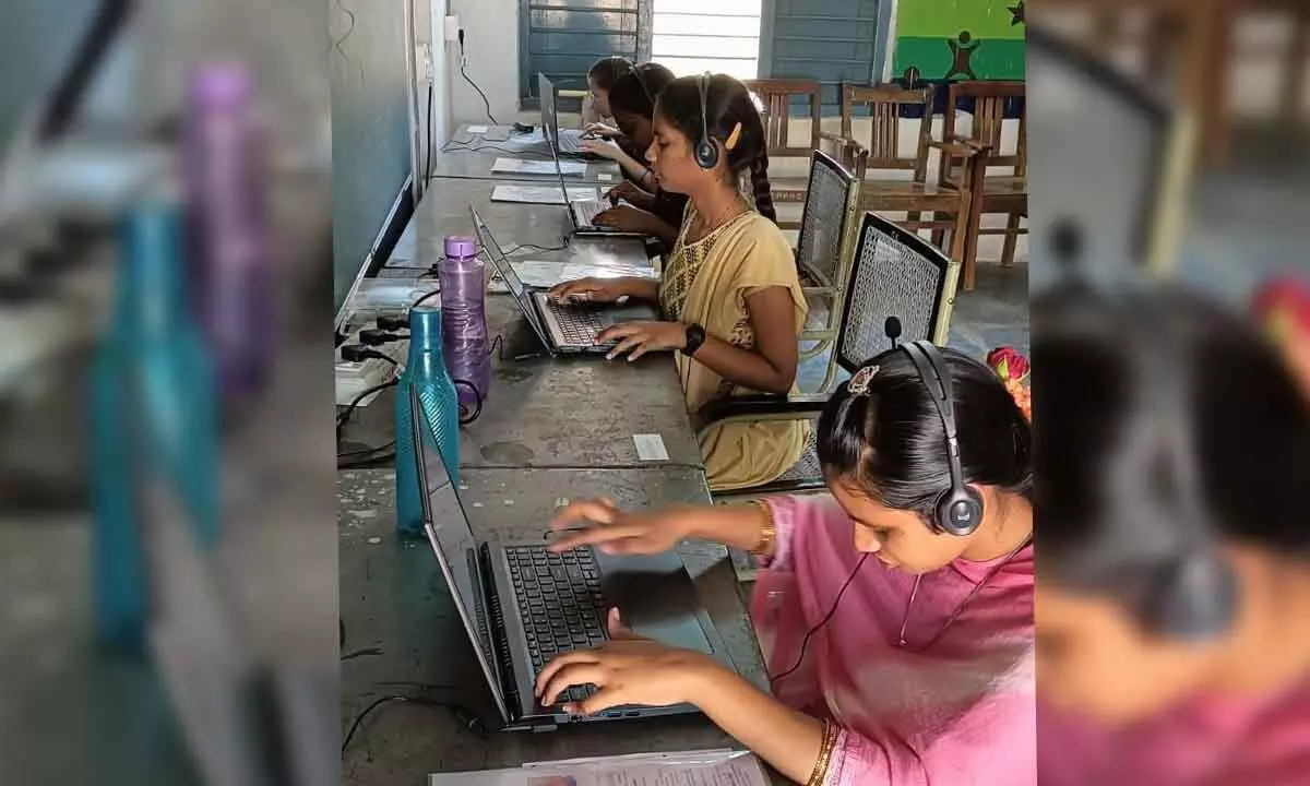 Visually-impaired students write exams in digital mode at an SSC examination centre in Raptadu in Anantapur district on  Monday
