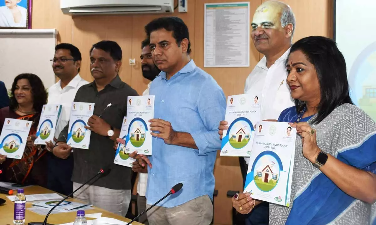 IT and MA&UD Minister KT Rama Rao unveiling the Cool Roof Policy in Hyderabad on Monday. 	Photo: G Ramesh