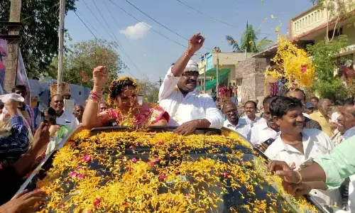 Chandrabose, the co-winner of the Oscar for Best Original Song, and his wife Suchitra taken on a procession at Challagariga under Chityal mandal in JayashankarBhupalpally district on Sunday