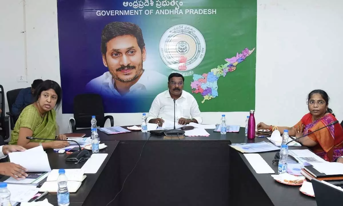 Social Welfare Minister Merugu Nagarjuna conducting a review meeting at the Secretariat in Vijayawada on Tuesday
