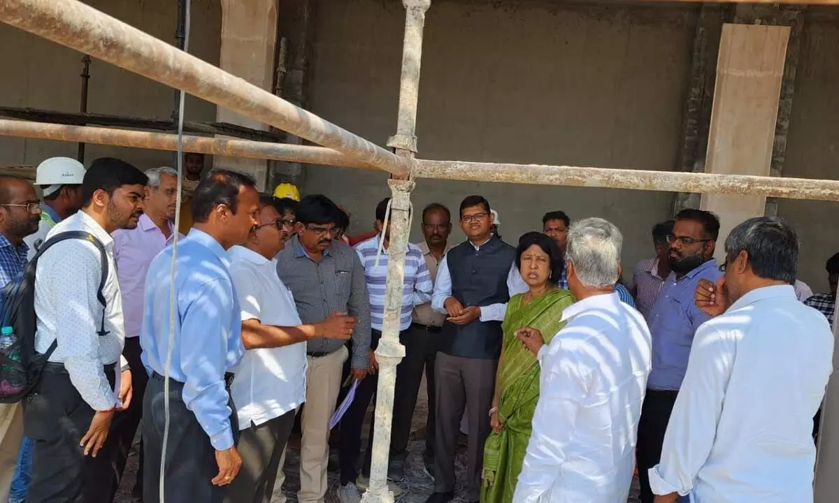 Special Chief Secretary Y Sri Lakshmi inspecting the construction works of Ambedkar Smrithi Vanam in Vijayawada on Tuesday
