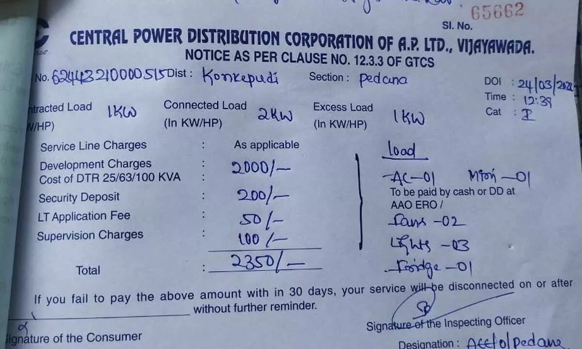 APCPDCL notice issued to a customer for additional load charges in Pedana