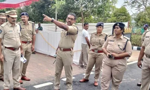 Superientendent of police KKN Anburajan along with police  officials  inspecting the security Arrangements at Vontimitta on Tuesday