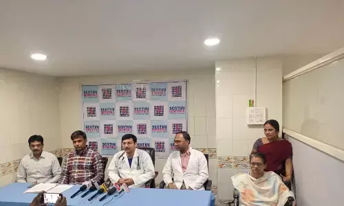 Sentini Hospitals senior consultant Interventional Cardiologist Dr Krishna Chand Kagita briefing the media about a CRT-D Procedure, in Vijayawada on Wednesday