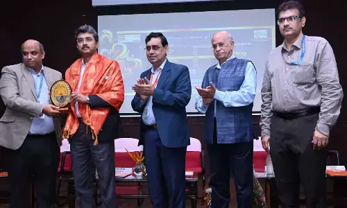 Tata Steel Limited (Jamshedpur) vice president Probal Ghosh felicitated by Dr V Bhujanga Rao, PVS Ganesh Kumar, V Vijaya Sekhar during the programme at GITAM on Wednesday