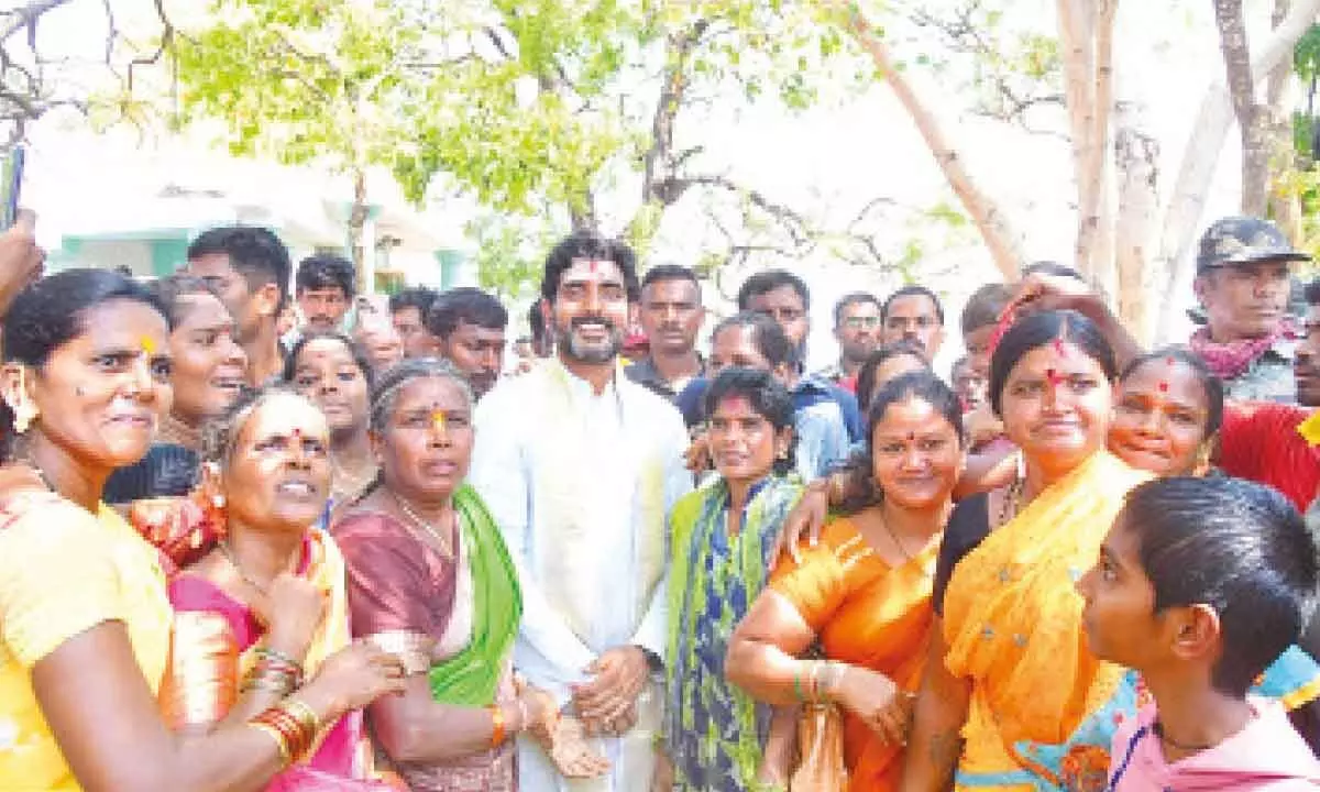 Nara Lokesh interacts with women villagers in Uravakonda constituency on Thursday