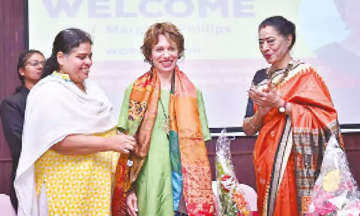 GITAM School of Law Director Anitha Rao, B Nalini felicitating Prof Margaret Philips during the workshop at the campus on Thursday