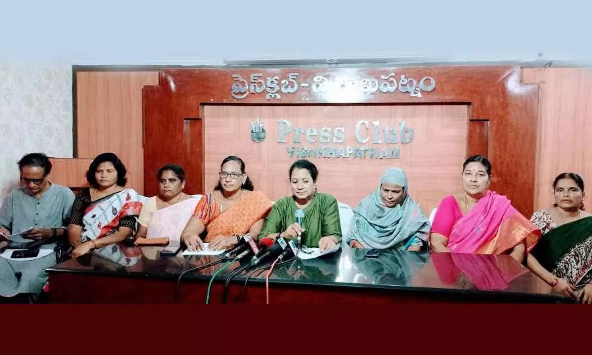 K Padma of Mahila Chetana, among others speaking at a media conference in Visakhapatnam on Friday