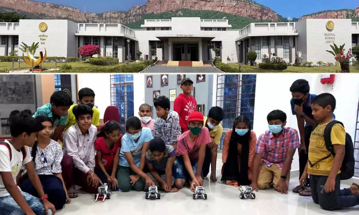 A view of the Regional Science Centre in Tirupati(Top); File photo of students engaged in Robotics training(bottom)