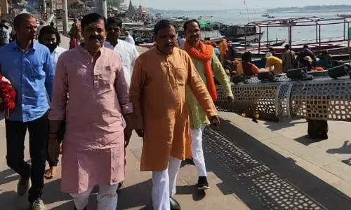 Rajya Sabha Member GVL Narasimha Rao inspecting  arrangements at Ganga river ghats in Varanasi on Friday for conducting Ganga Pushkaralu