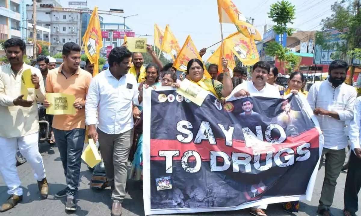 TDP cadres taking out a rally with a slogan ‘Say no to drugs’ in Kurnool town on Friday