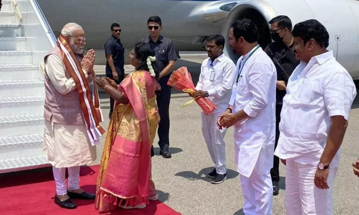 Prime minister Narendra Modi reaches Begumpet Airport in Hyderabad.