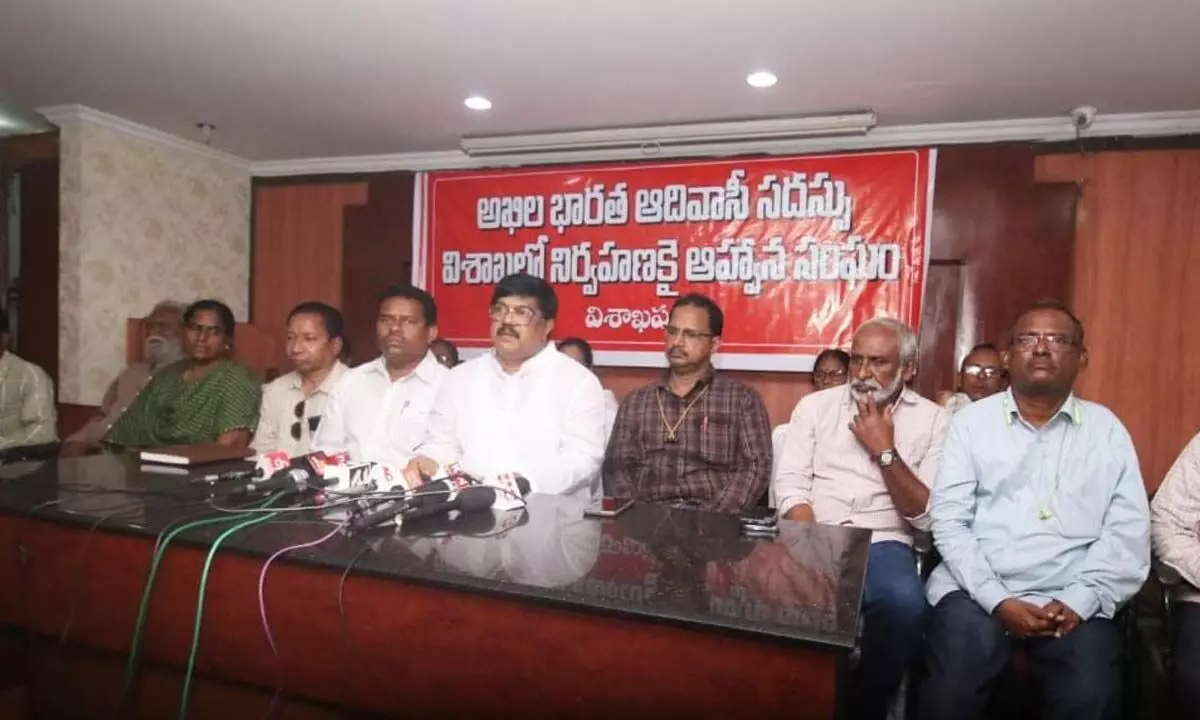 Chairman of the invitation committee and chairman of the Writers’ Academy VV Ramana Murthy speaking at a media conference in Visakhapatnam on Sunday