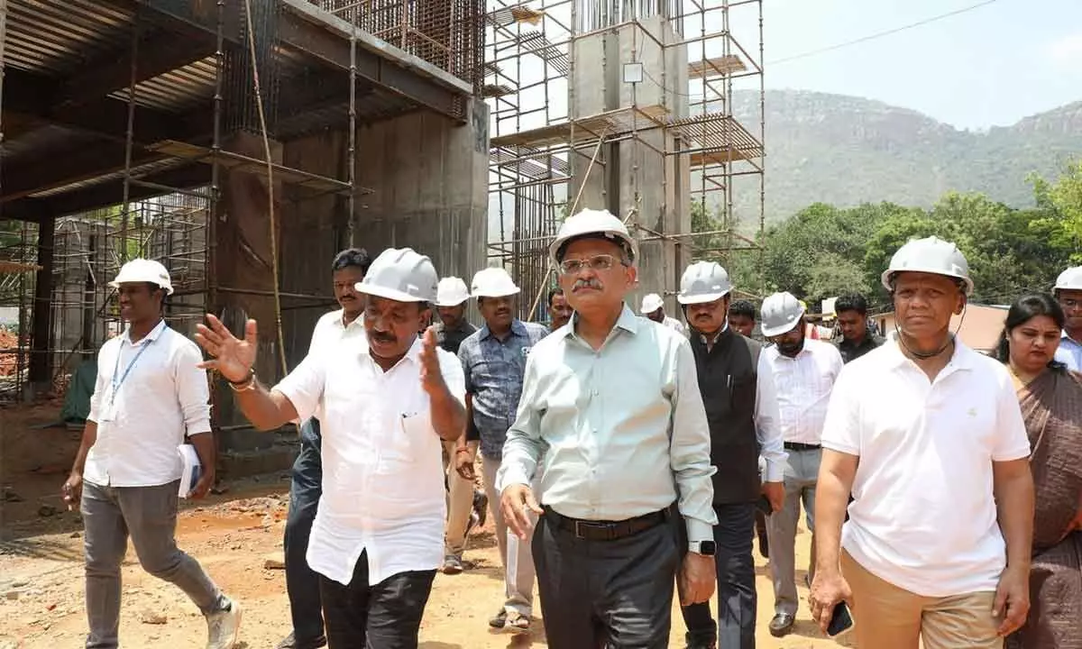 Chief Secretary K S Jawahar Reddy along with TTD EO Dharma Reddy on Sunday inspecting the Padmavathi Children’s Hospital under construction in Tirupati