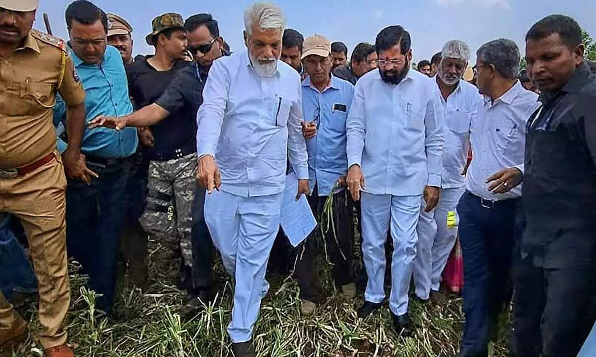 Maharashtra Chief Minister Eknath Shinde visits farms to supervise crops that got damaged during recent rain and hailstorm, in Nashik district on Monday