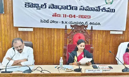 Mayor Dr R Sirisha, MLA B Karunakar Reddy and Municipal Commissioner D Haritha at the  municipal council meeting in Tirupati on Tuesday