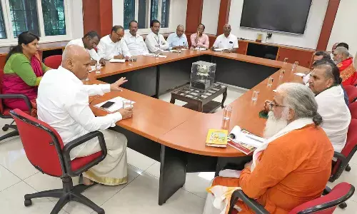 TTD EO A V Dharma Reddy holds a review in Tirupati on Tuesday on conducting Hanuman Jayanti at Tirumala.