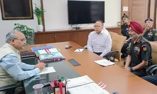 Lt General Gurbirpal Singh interacting with Chief Secretary KS Jawahar Reddy at the Secretariat at Velagapudi in Guntur district on Wednesday