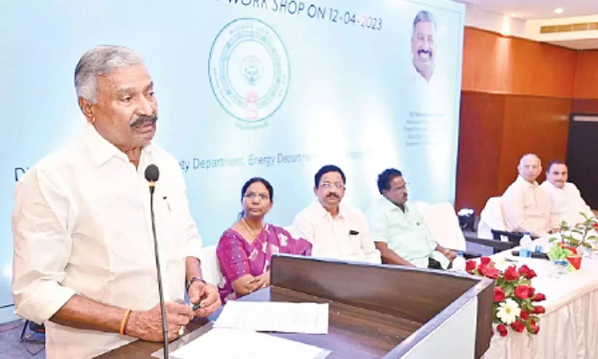 Minister for energy Peddireddi Ramachandra Reddy addressing a workshop on electrical safety in Tirupati on Wednesday. Director of Electrical Safety Vijaya Lakshmi and others are also seen.