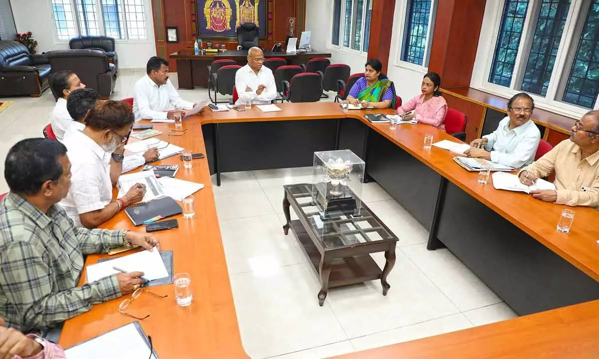 TTD EO A V Dharma Reddy holding talks with Municipal  Corporation and Smart City Project officials over completion  of Srinivasam flyover project in Tirupati on Wednesday