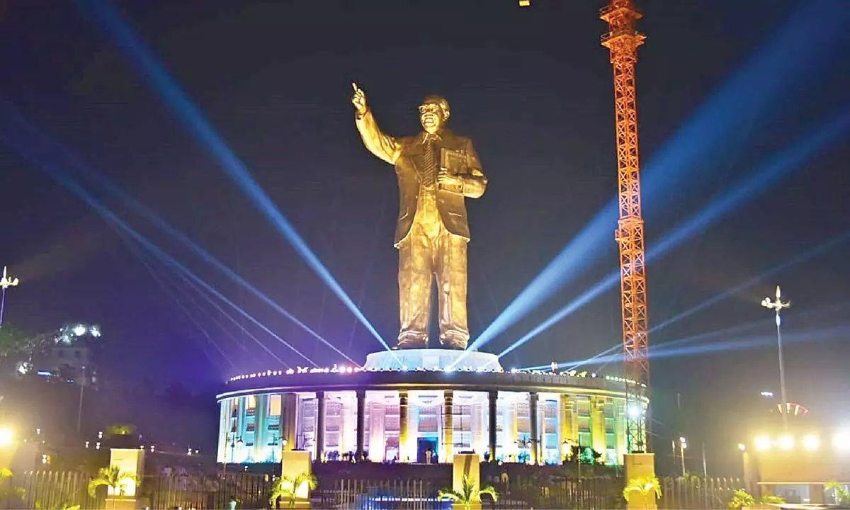 A new icon of Hyderabad city, the 125-foot tall Dr BR Ambedkar Statue at Necklace Road is ready for the inauguration on Friday by Chief Minister K Chandrashekar Rao. Photo: Adula Krishna