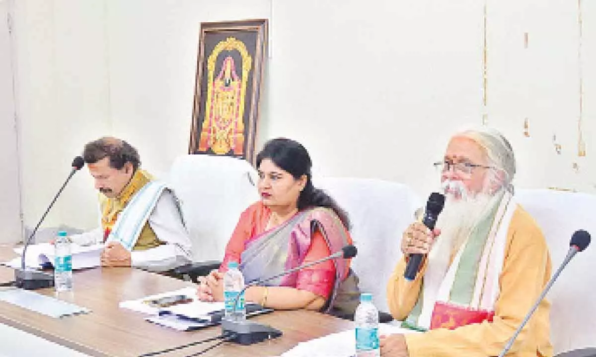 SVVU V-C Prof Rani Sada Siva Murthy, TTD JEO Sada Bhargavi and NSU V-C Prof GSR Krishna Murthy at the academic council meeting in Tirupati on Thursday