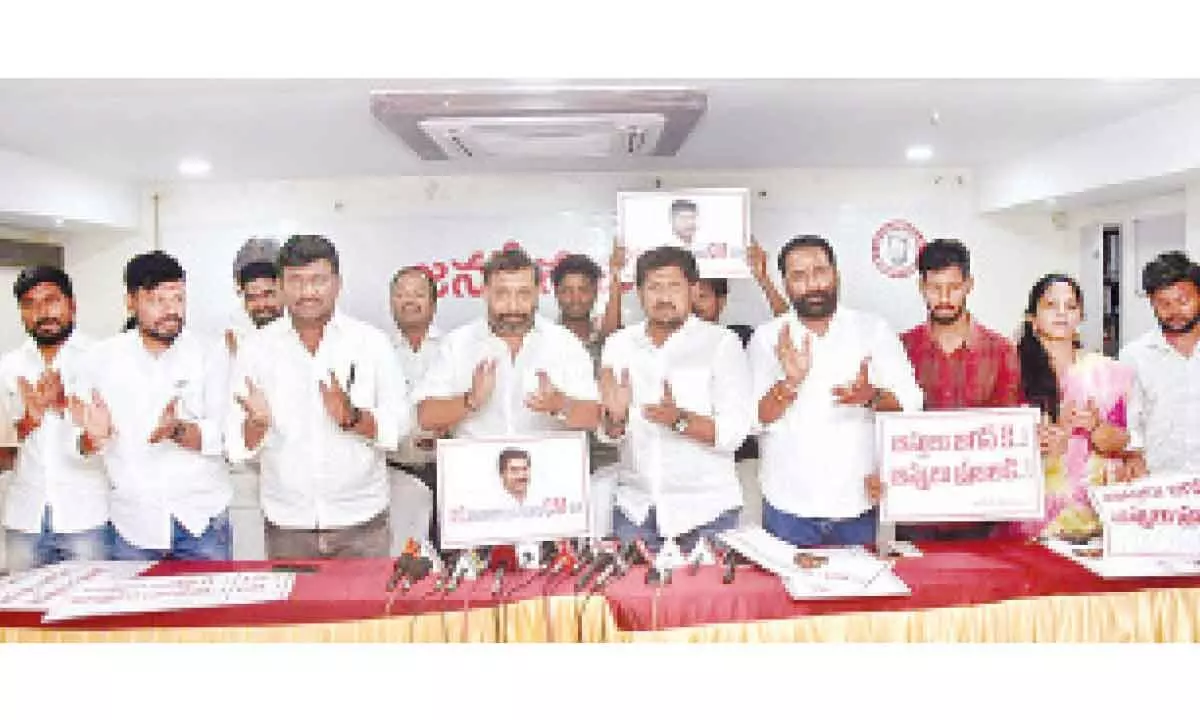 Jana Sena leaders Kiran Royal, Raja Reddy and others at a press meet in Tirupati on Thursday
