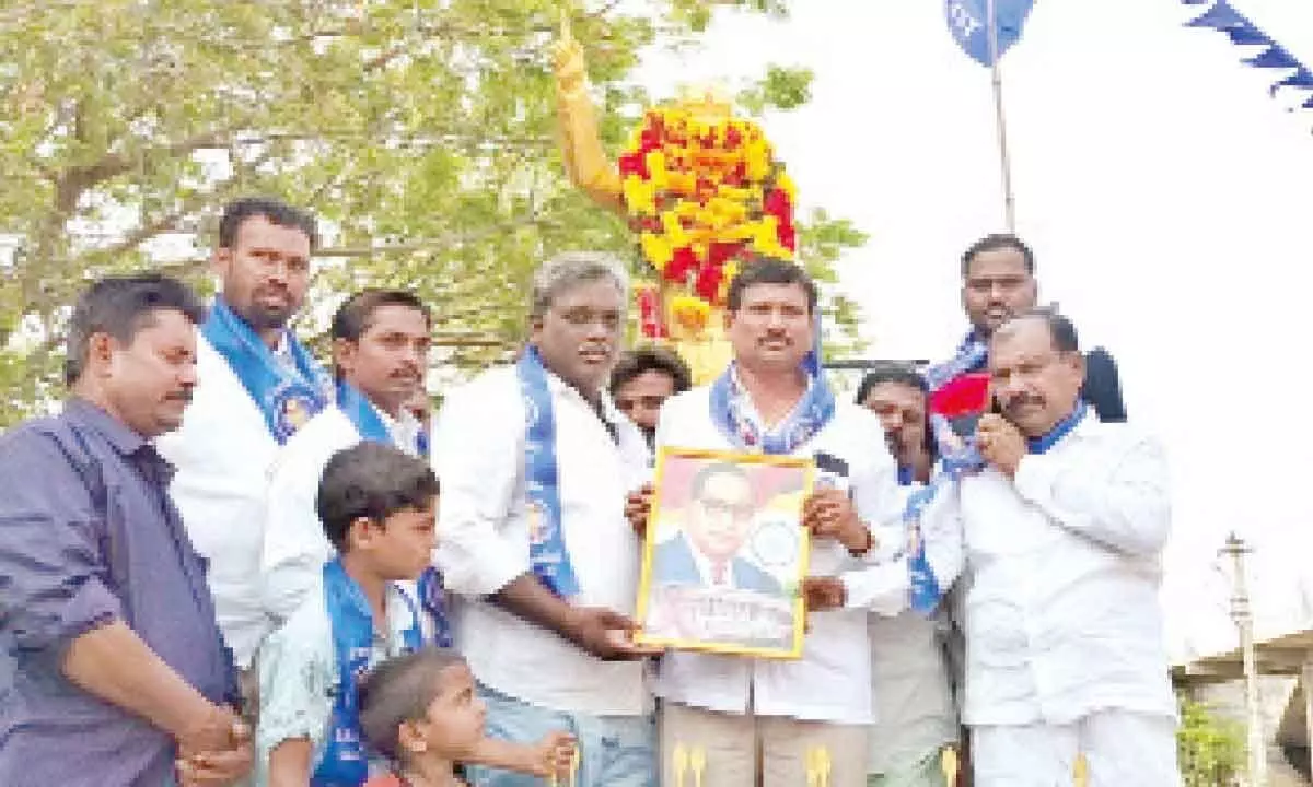 Alampur BRS Youth leader Kishore taking part in BR  Ambedkar’s birth anniversary celebration in  Mahbubnagar district on Friday