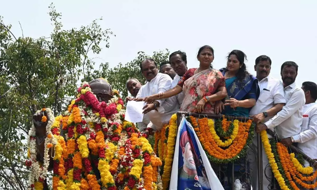 BJP leaders submit a memorandum to BR Ambedkar’s statue in Hanumakonda on Friday, demanding a probe into the TSPSC question paper leaks by a sitting high court; Rs 1 lakh compensation to each candidate who appeared for the TSPSC examination; and removal of IT, MA&UD minister K T Rama Rao from the State cabinet