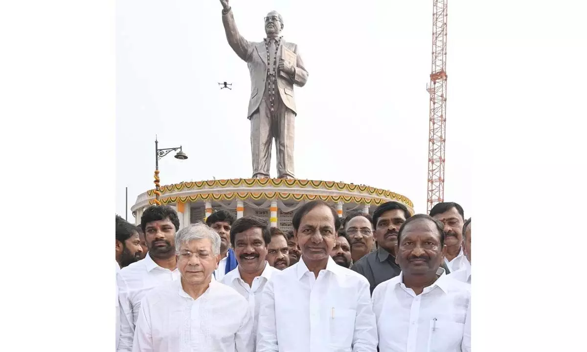 Chief Minister K Chandrashekar Rao with chief guest Prakash Ambedkar, grandson of Dr BR Ambedkar at the iconic 125-feet tall statue of the Architect of Indian Constitution Dr B R Ambedkar on the occasion of 132nd birth anniversary, in Hyderabad on Friday