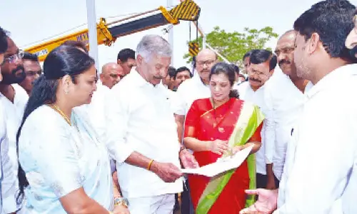 District in-charge Minister Peddireddi Ramachandra Reddy and District Collector M Gouthami discussing on arrangements for CM’s visit, in Anantapur on Friday