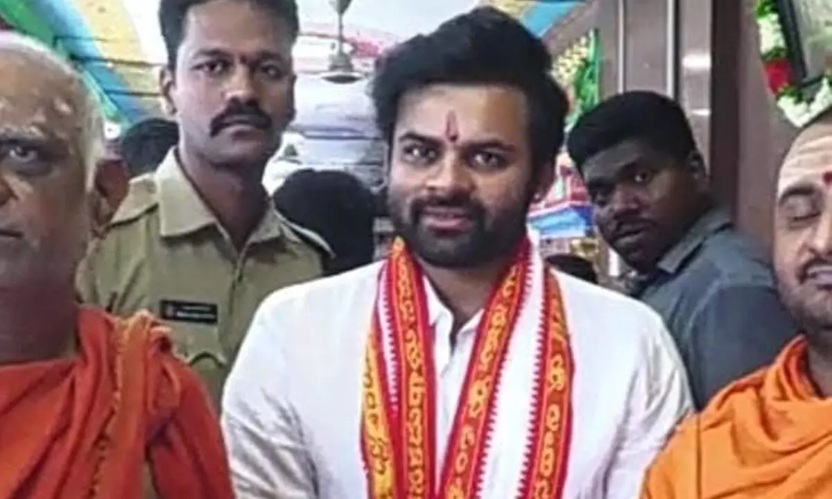 Actor Sai Dharam Tej at Sri Kanaka Durga Temple in Vijayawada on Sunday