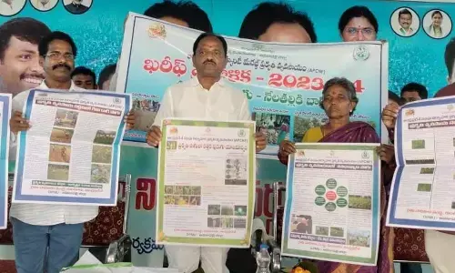 Deputy Chief Minister Budi Mutyala Naidu and others releasing posters on kharif action plan in Anakapalli district on Sunday