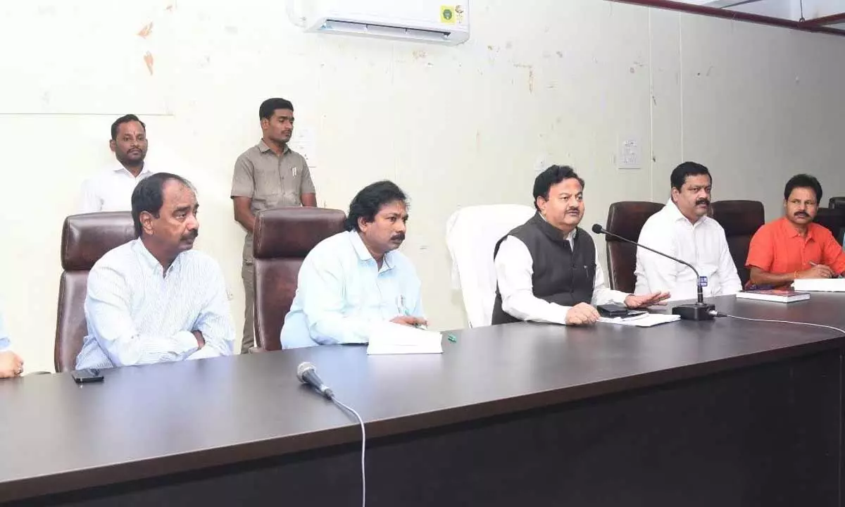 District Collector K Venkataramana Reddy speaking at the  Aarogyasri review meeting in Tirupati on Tuesday