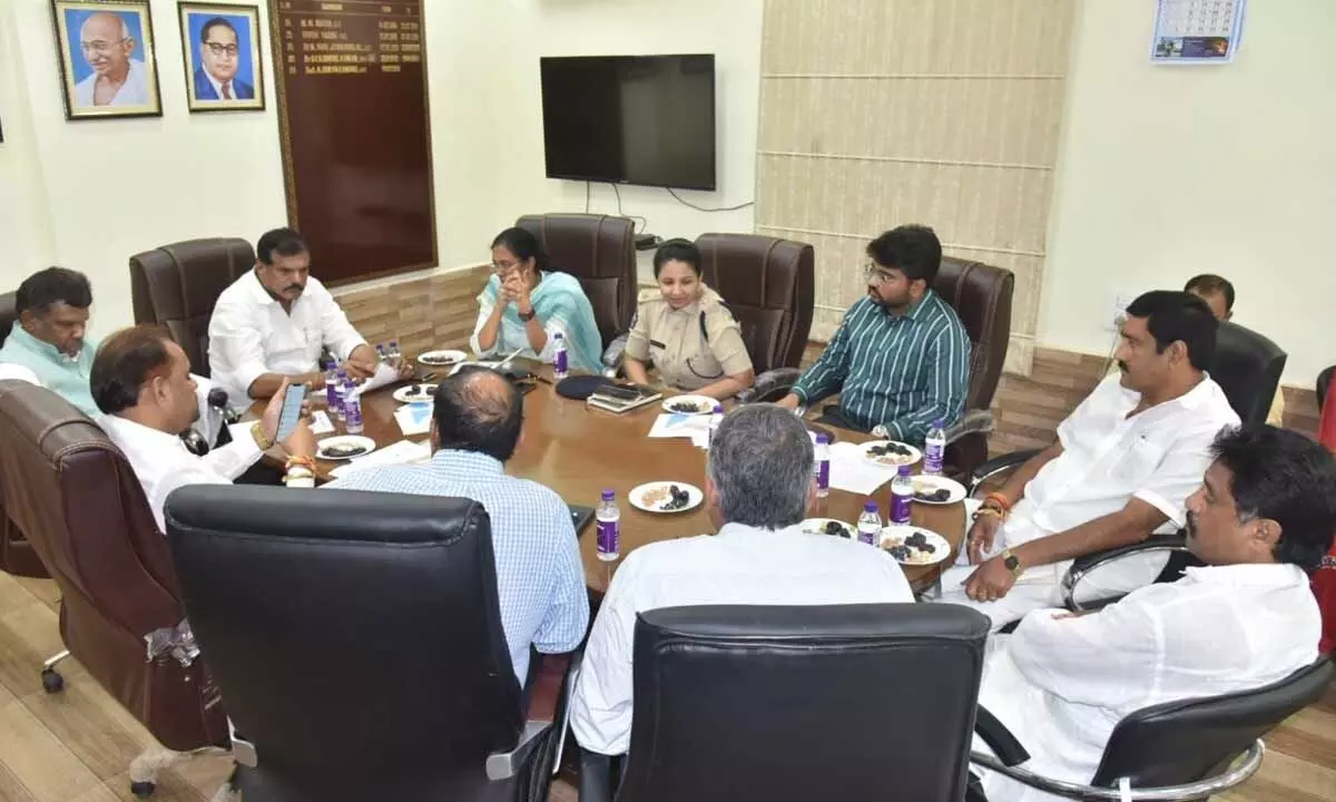 Education minister Botcha Satyanarayana holds a review on arrangements for foundation laying programme of Bhogapuram airport with district officials in Vizianagaram on Wednesday