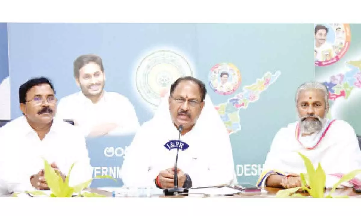 Endowments Minister Kottu Satyanarayana addressing a press conference at the Secretariat at Velagapudi on Friday