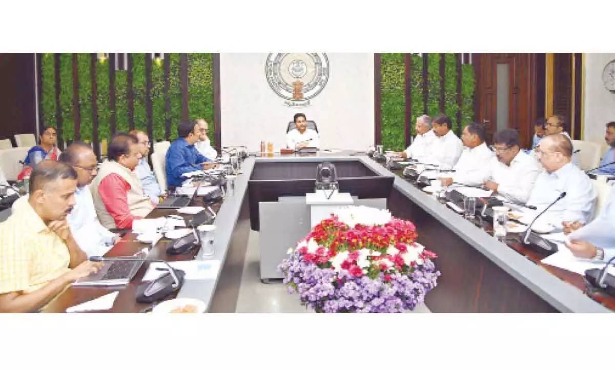 Chief Minister Y S Jagan Mohan Reddy holds a review on revenue generating departments at his camp office in Tadepalli on Friday