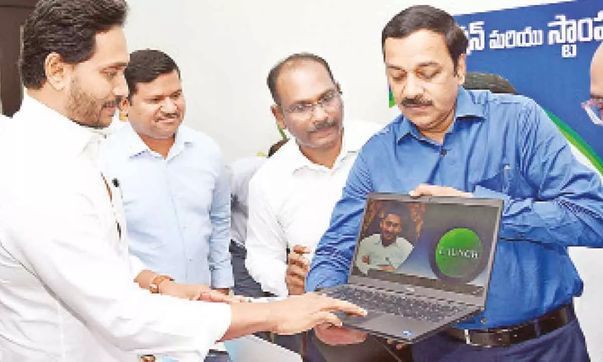 Chief Minister Y S Jagan Mohan Reddy virtually launches the e-stamping services of the stamps and registrations department at his camp office in Tadepalli on Friday