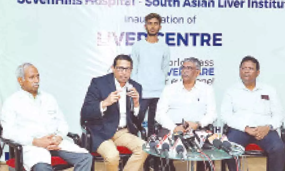 Founder of South Asian Liver Institute Tom Cherian speaking at the launch of the centre in Visakhapatnam on Friday